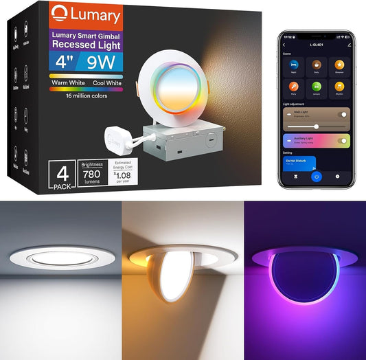Lumary Smart Gimbal Recessed Lighting 4 Inch Pro, Dual-Controlled CCT Main & RGBAI Auxiliary WiFi LED Recessed Downlights, 270°+90° Adjustable Directional, Compatible with Alexa/Google, 4 Pack
