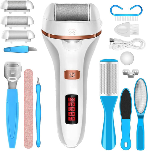 Electric Callus Remover for Feet | Rechargeable Foot File, Electric Foot Scrubber | 18 Piece Pedicure kit for Cracked Heels & Dead Skin with 3 Roller Heads By Quantum Lux (Rose Gold)