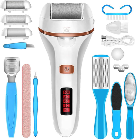 Electric Callus Remover for Feet | Rechargeable Foot File, Electric Foot Scrubber | 18 Piece Pedicure kit for Cracked Heels & Dead Skin with 3 Roller Heads By Quantum Lux (Rose Gold)