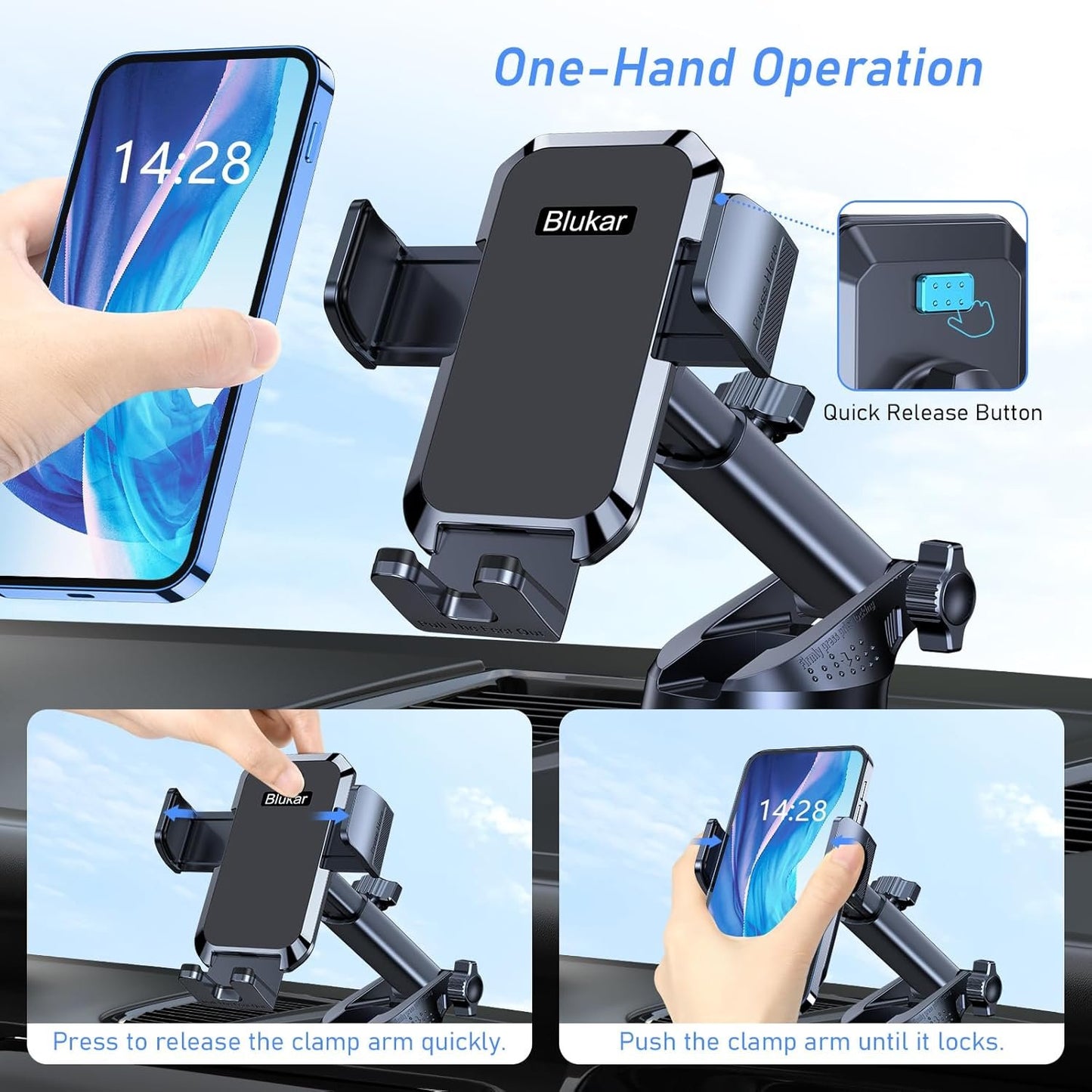 Blukar Phone Holder Car, [Upgraded Strong Suction] Adjustable Car Phone Holders Mount for Car Dashboard/Windscreen, 360°Rotation, One Button Release, Automobile Cradle for iPhone Android Smartphones