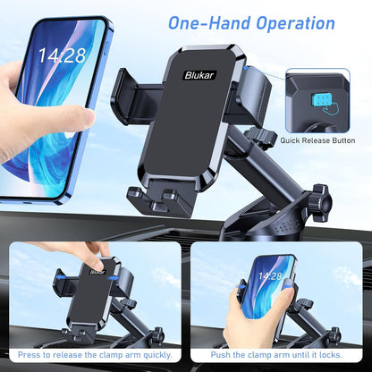 Blukar Phone Holder Car, [Upgraded Strong Suction] Adjustable Car Phone Holders Mount for Car Dashboard/Windscreen, 360°Rotation, One Button Release, Automobile Cradle for iPhone Android Smartphones