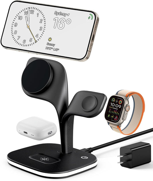 3 in 1 Wireless Charger for Apple Multiple Devices, LDOBL MagSafe Charger with Night Light for iPhone 16 15 14 13 12 Pro Max Mini Plus, Apple Watch Ultra 10 9 8 7 SE 6 5 4 3 2, AirPods 4 3 Pro 2 (BLK)