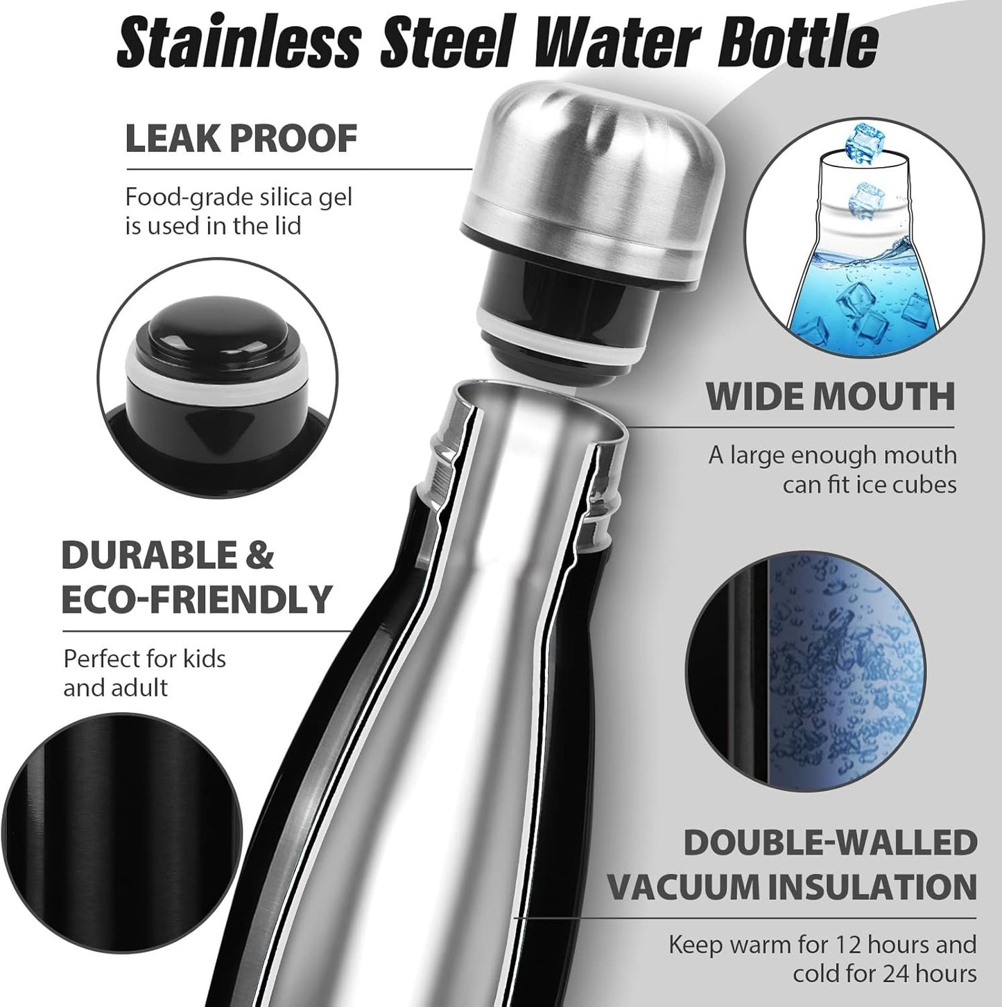 Sfee Insulated Water Bottle, 17oz Stainless Steel Water Bottles, Double Wall Vacuum Reusable Water Bottles Leak Proof BPA-Free Sports Bottle Cup Keep Hot&Cold for Running Gym Workout Cycling Kids