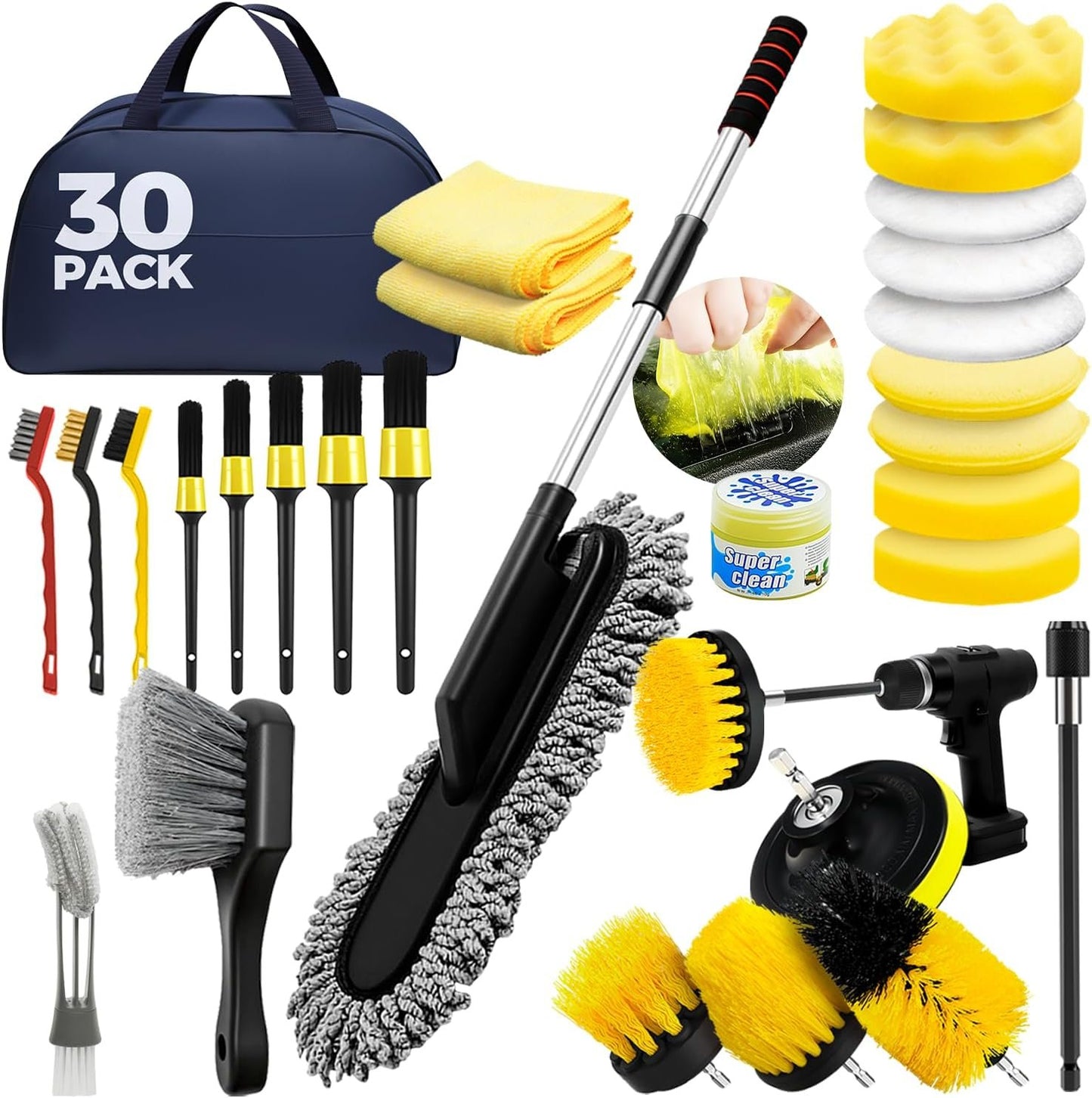 30Pcs Car Detailing Kit, Car Detailing Brush Set, Car Wash Cleaning Kit, Car Dusters Extendable Handle Cleaning Exterior, Car Cleaning Gel, Car Cleaning Tools Kit for Interior, Exterior, Wheels