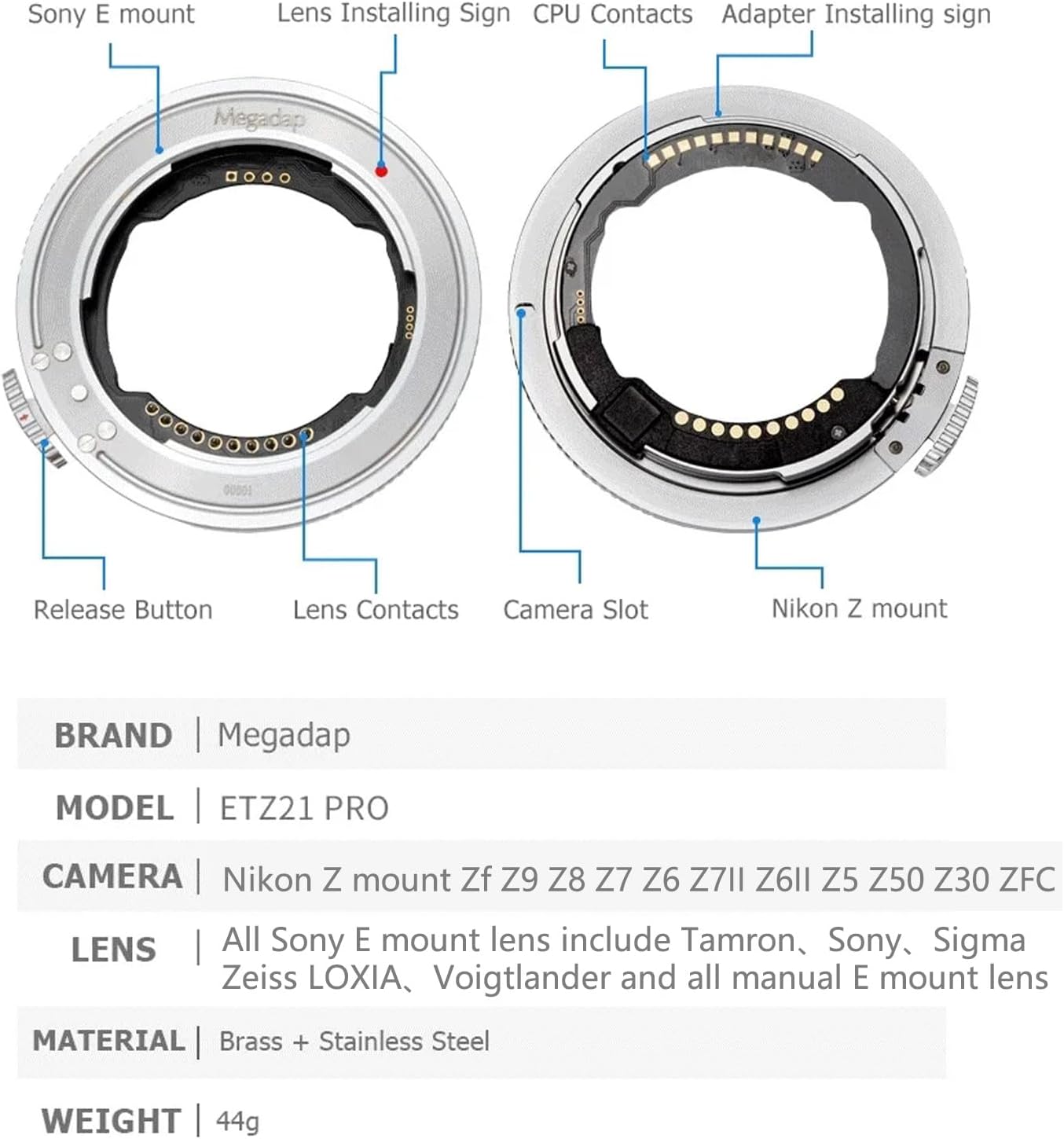 Megadap ETZ21 PRO Built-in AF Lens Adapter with Electronic Aperture Compatible with Nikon Z Zf Z5II Z9 Z8 Z7II Z7 Z6III Z6II Z5 Z50II Z30 ZFC Camera for Sony FE