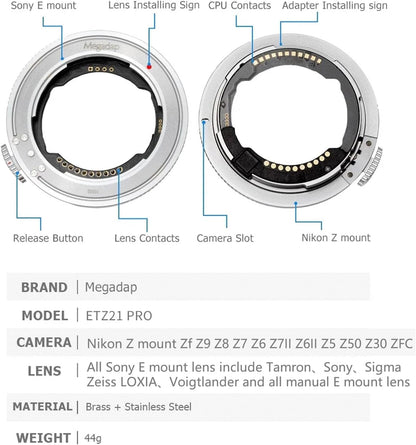 Megadap ETZ21 PRO Built-in AF Lens Adapter with Electronic Aperture Compatible with Nikon Z Zf Z5II Z9 Z8 Z7II Z7 Z6III Z6II Z5 Z50II Z30 ZFC Camera for Sony FE