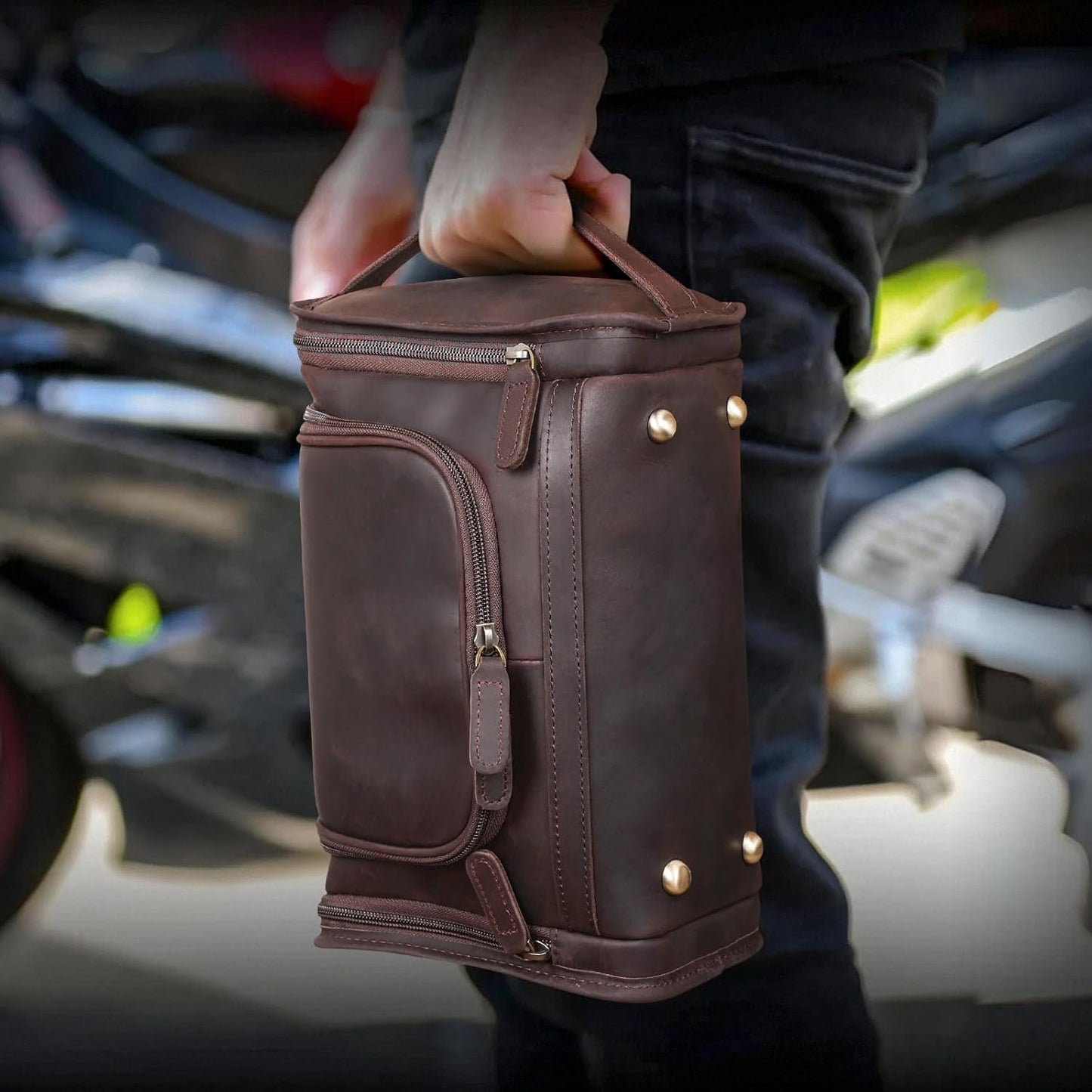 Polare Full Grain Leather Toiletry Bag Travel Dopp Kit Makeup Cosmetic Organizer Shaving Kit Wash Case with Hanging