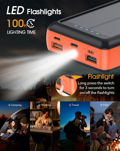 Solar Charger Power Bank, 20000mAh Portable Phone Charger Built-in 2 Output Cable with USB C in/Output, PD20W QC 3.0 Fast Charging and Flashlight for iPhone Samsung Huawei Google etc (Orange)