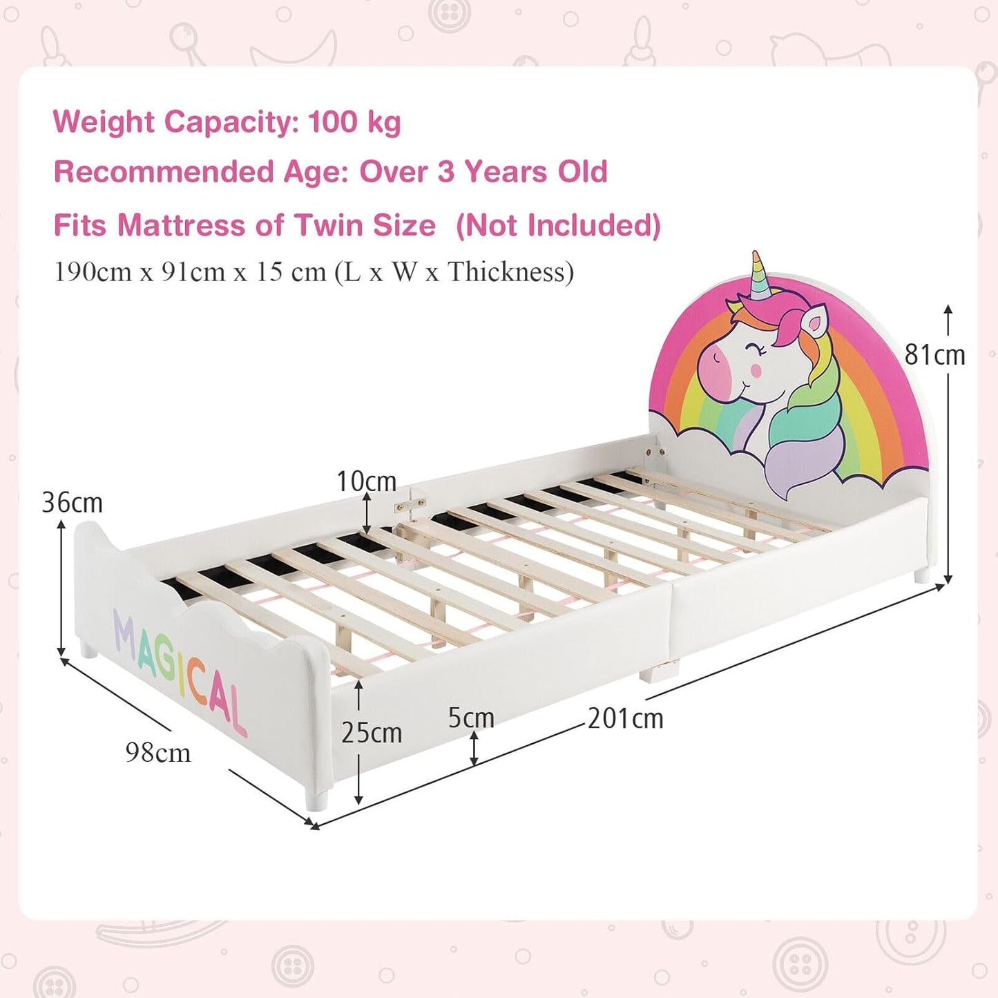 HONEY JOY Single Bed Frames for Kids, Wood Upholstered Twin Bed Platform with Slat Support, Padded Headboard & Footboard, Girls & Boys Bed for Over 3 Years Old, Fits Standard Twin Mattress (Rainbow)
