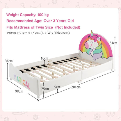 HONEY JOY Single Bed Frames for Kids, Wood Upholstered Twin Bed Platform with Slat Support, Padded Headboard & Footboard, Girls & Boys Bed for Over 3 Years Old, Fits Standard Twin Mattress (Rainbow)