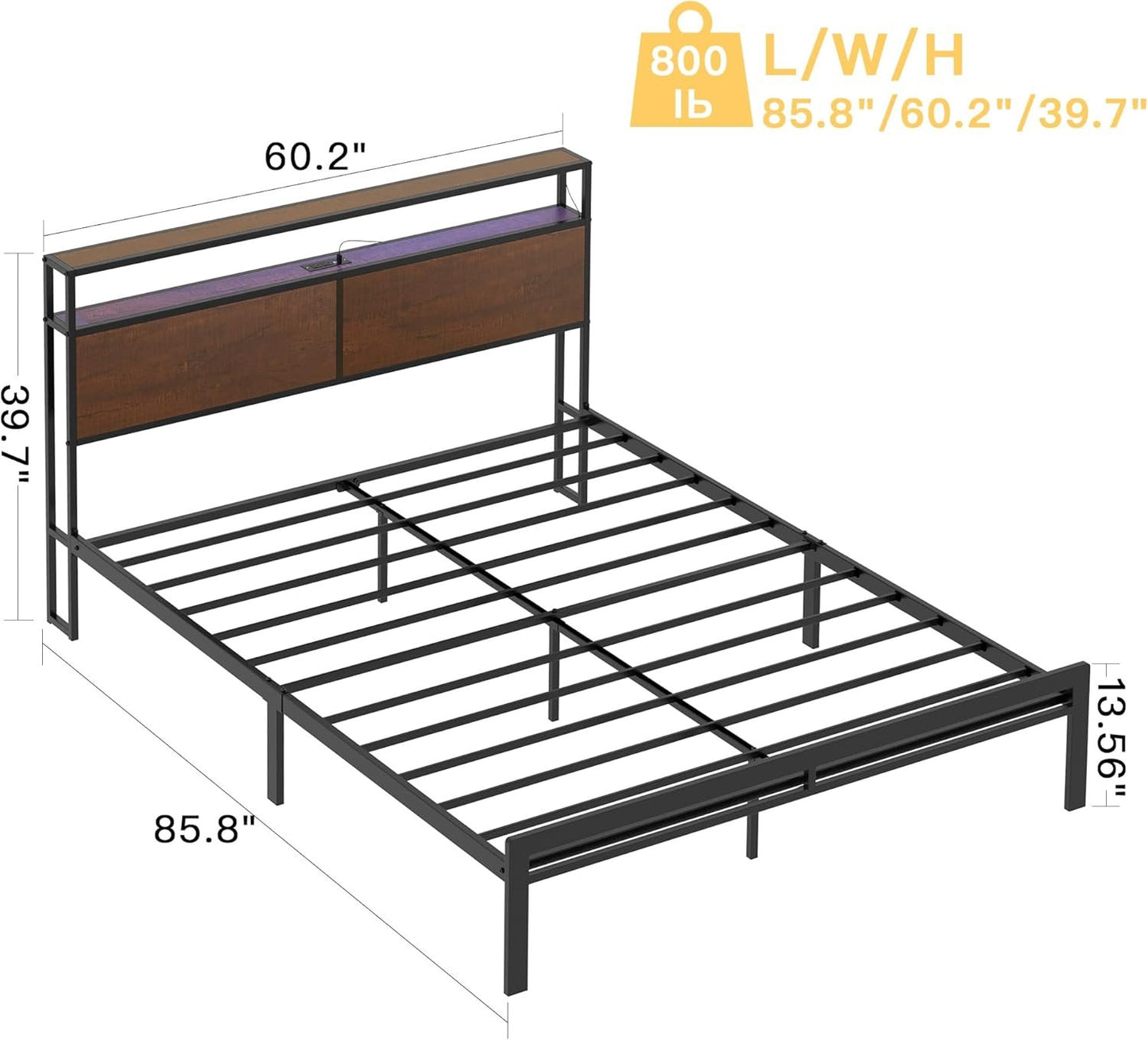 HAUSOURCE Queen Bed Frame with Storage Headboard Bed Frame Queen Size Metal Platform Bed with LED Lights USB Ports & Outlets Non-Slip Without Noise Strong Metal Slats Support No Box Spring Needed