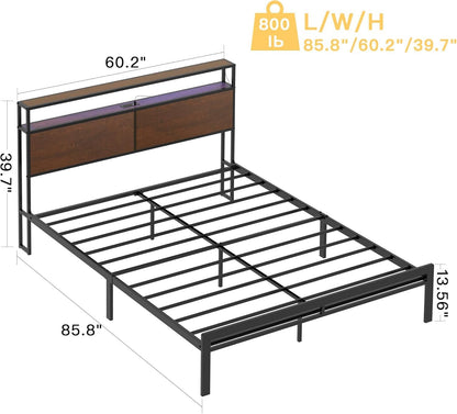 HAUSOURCE Queen Bed Frame with Storage Headboard Bed Frame Queen Size Metal Platform Bed with LED Lights USB Ports & Outlets Non-Slip Without Noise Strong Metal Slats Support No Box Spring Needed
