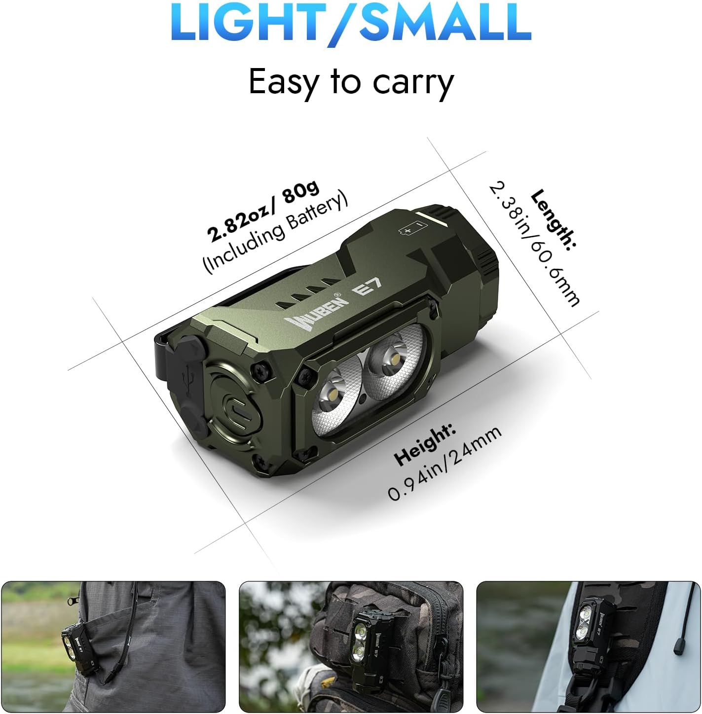 LED Torch Rechargeable Flashlight，WUBEN E7 1800 Lumens Super Bright Torches,Powerful Handheld Torches; IP68 EDC Flash Light for Headlamp Use, Rescue, Camping(Green)