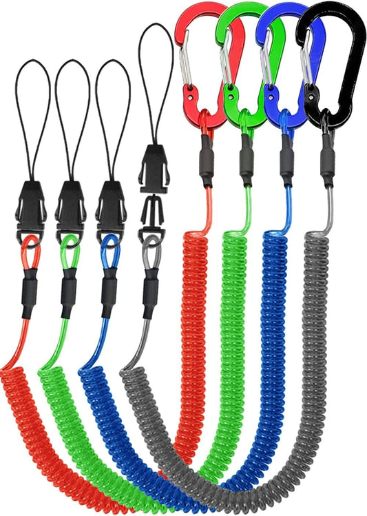 Lix&Rix Spiral Clip on Safety Recoil Lanyards for Fishing Equipment Remote Control Utility Knife Box Cutters Handy Tools Tethers Leash, Assorted Color Black, Blue, Green, Red, 4pcs