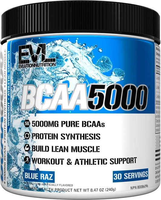Evlution Nutrition BCAA5000 Powder - EVL BCAA Powder to Support Muscle Protein Synthesis & Building Lean Muscle - 5G BCAAs for Workout and Athletic Support - 30 Servings - Blue Raz