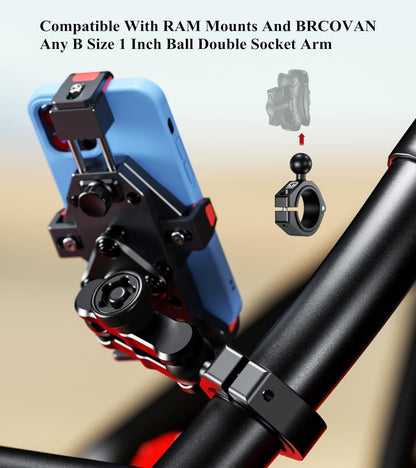 BRCOVAN 1'' Ball Large Bar Clamp Mount, Fit 1.5'' / 1.65'' / 1.75'' / 1.85'' / 2'' Round Rails & ATV UTV Roll Cages, Fit for RAM Mounts B Size 1 Inch Ball Double Socket Arm, Aluminum Alloy