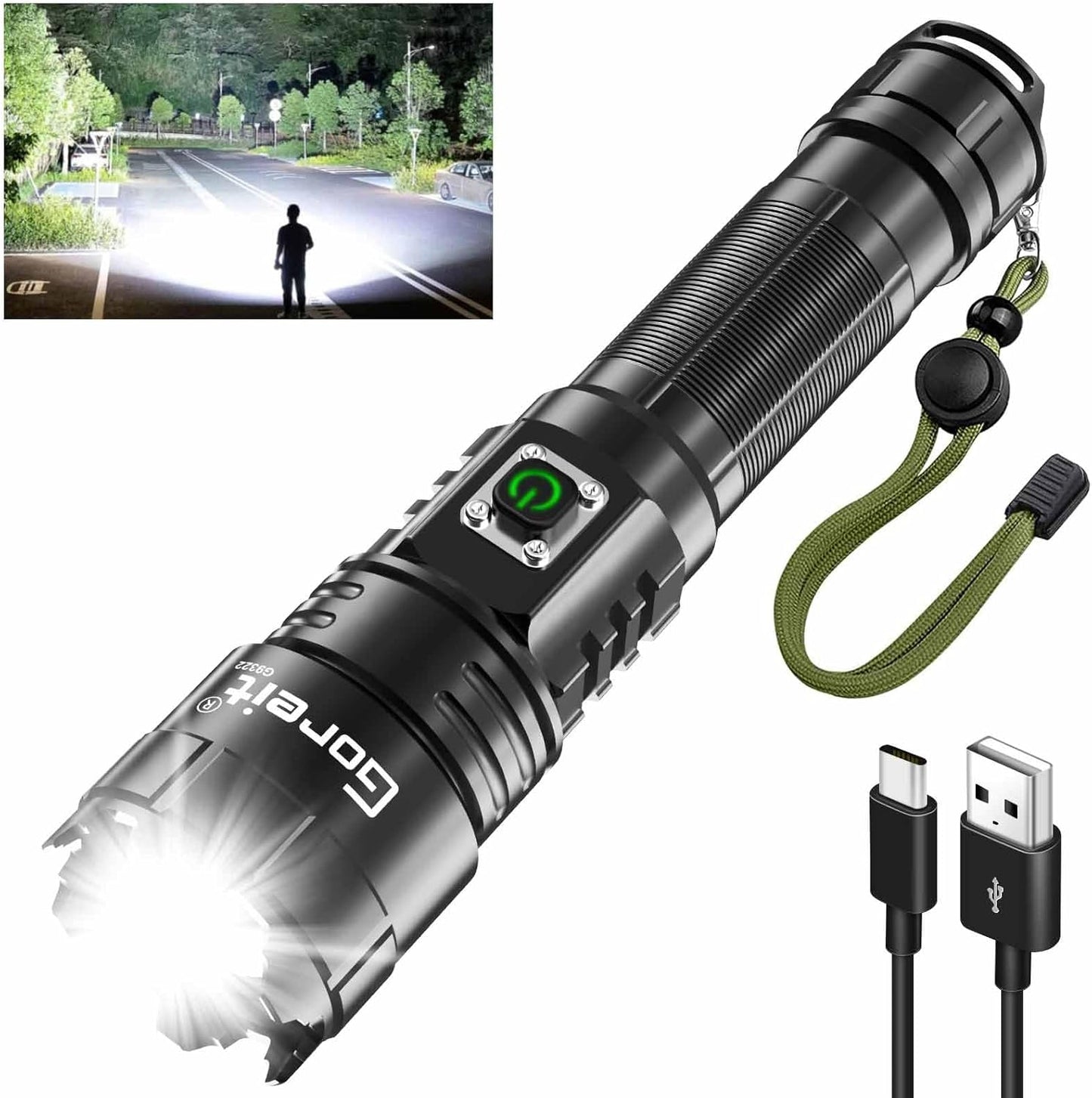 Torch, Goreit Flashlight LED Torch Rechargeable USB 15000 Lumen Handheld Torch, XHP70.2 Super Bright Tactical Flash Lights, High Powered Torches IP67 Waterproof Zoomable, for Camping Hiking Emergency