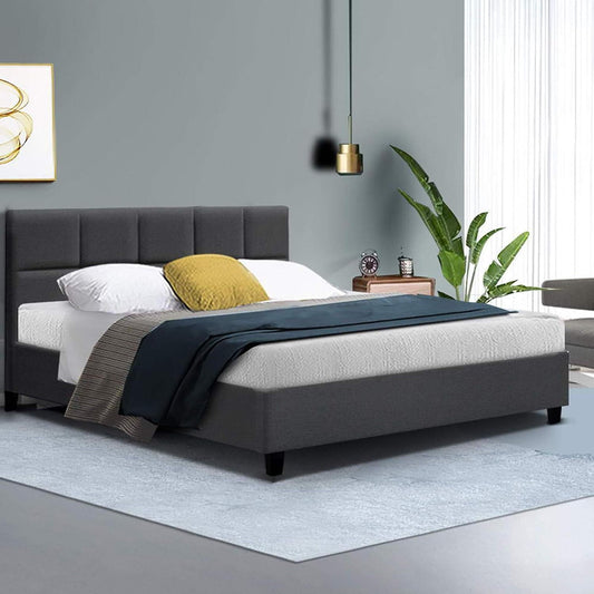 Artiss Double Bed Frame Platform Checkered Headboard Wooden Beds Base Frames Bedroom Room Decor Home Furniture, Upholstered with Charcoal Faux Linen Fabric + Foam + Wood, Modern Design