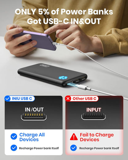 INIU Power Bank, Slimmest 10000mAh USB C Portable Charger, Triple 3A High-Speed Battery Pack, Flashlight External Battery Bank for iPhone 16 15 14 13 12 11 Pro Max Samsung S22 S21 Google Xiaomi iPad