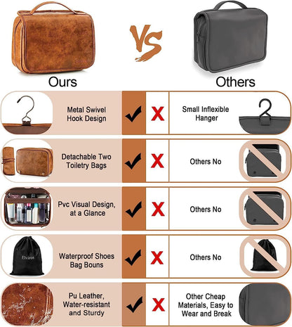 Elviros Hanging Toiletry Bag for Men and Women 3-in-1 Large Waterproof Travel Organizer PU Leather Makeup Bag Dopp Kit with Separate Compartments for Grooming Toiletries and Skincare Accessories