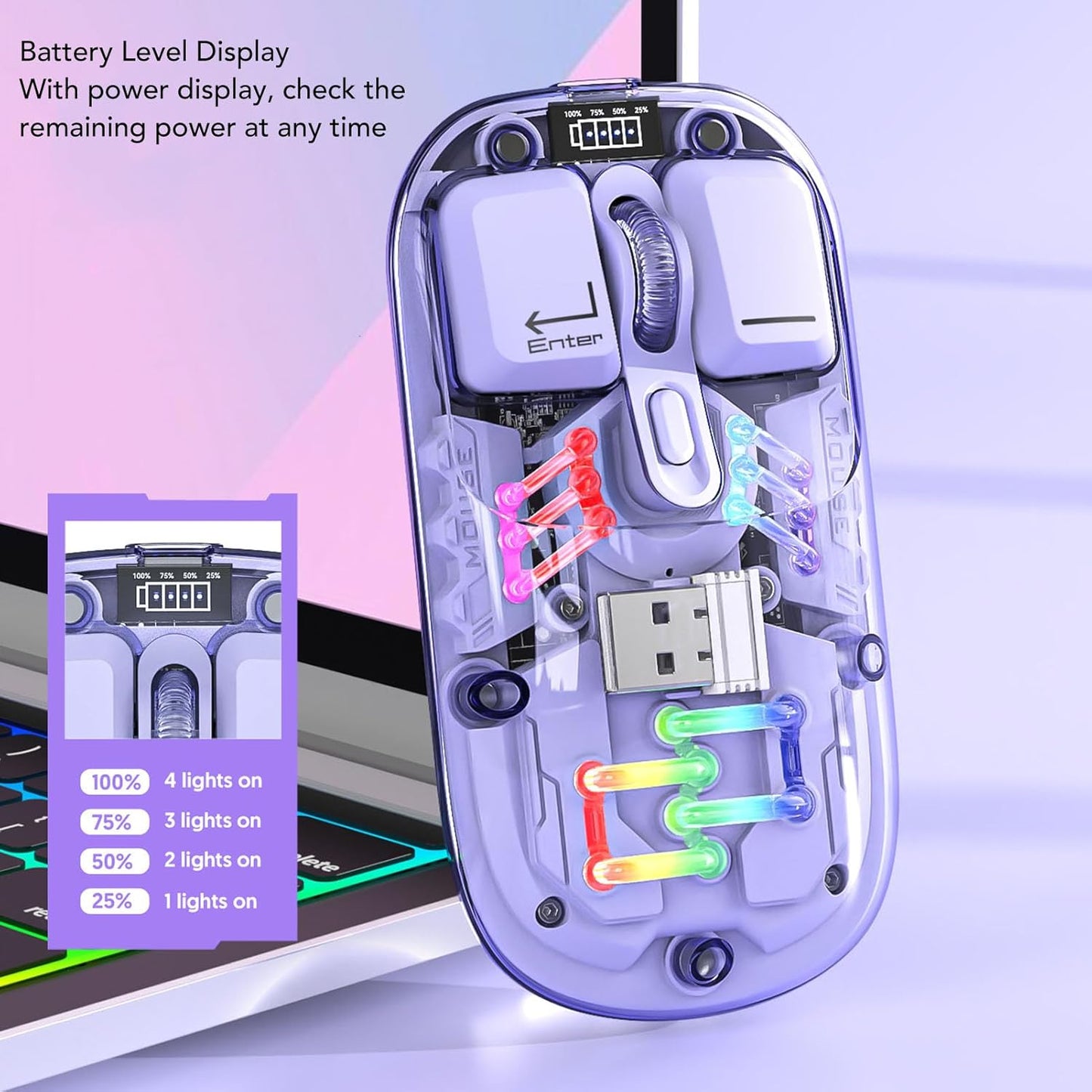 Transparent Mouse, 3000FPS Magnetic Mouse Silent Mouse with 3 Adjustable DPI, RGB Portable Mouse for Laptop PC Gaming (Purple)