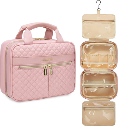 LOVEVOOK Women's Travel Toiletry Bag, Waterproof Makeup Bag Necessary High Capacity Travel Makeup Bag Useful Accessories with Hook, pink