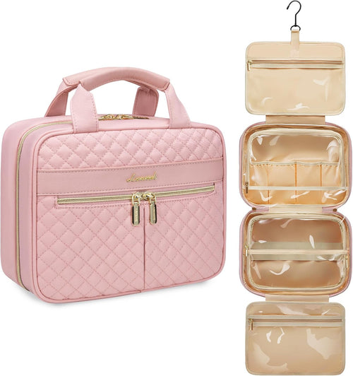 LOVEVOOK Women's Travel Toiletry Bag, Waterproof Makeup Bag Necessary High Capacity Travel Makeup Bag Useful Accessories with Hook, pink