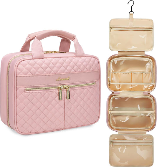 LOVEVOOK Women's Travel Toiletry Bag, Waterproof Makeup Bag Necessary High Capacity Travel Makeup Bag Useful Accessories with Hook, pink