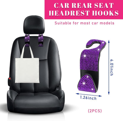 Augeny 2 PCS Bling Car Seat Headrest Hooks, Crystal Rhinestone Back Seat Hanging Storage Organizer, Auto Purse Bags Hanger, Universal Vehicle Interior Accessories for Women Girls (Purple)