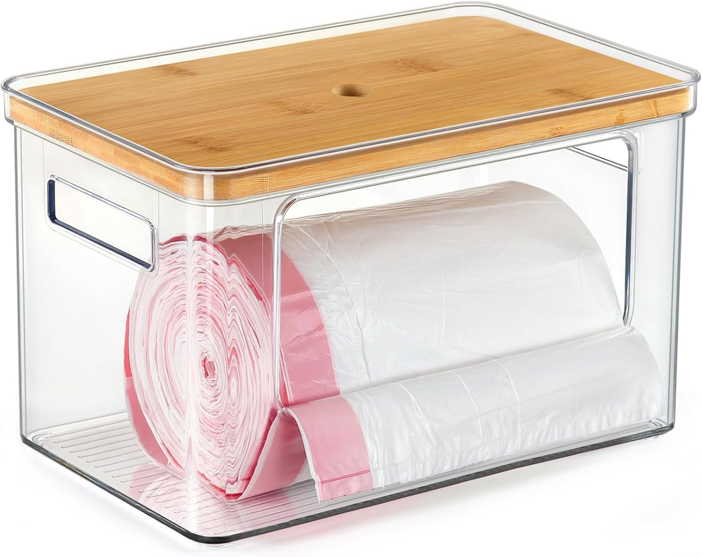 Hudgan Stackable Storage with Bamboo Top for Kitchen Laundry Room Organization, Extra Large Trash Bag/Garbage Bag Dispenser, Pantry Organizers and Storage Under Sink Organizer