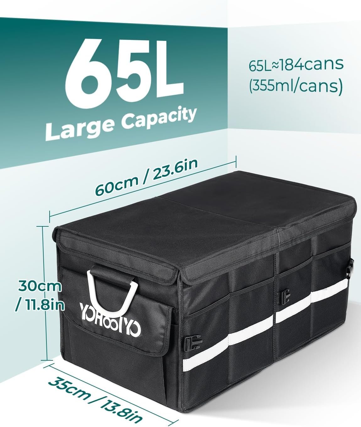 YOHOOLYO Trunk Organizer for SUV Large Insulated Car Storage Organizer Collapsible Multi-compartments Pockets Trunk Cooler Box Portable Grocery Cargo Container with Aluminium Handles, Lid Black E3W