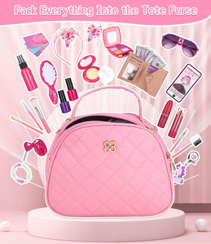 Zaxiva 32 Pieces Girl Bag Toy Accessories with Fake Makeup, Wallet, Phone with Light and Music – Christmas Gifts for Games 3 Years