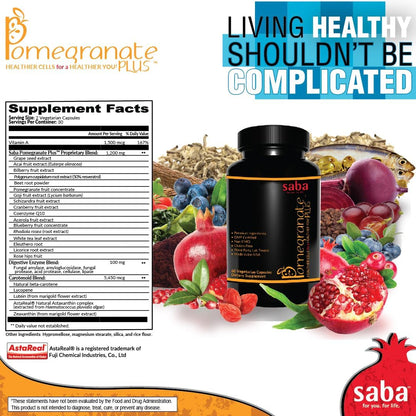 Saba Pomegranate Plus -Cellular Nutrition, Broad Spectrum of Essential Antioxidants - Support Stress, Cardiovascular Wellness, Immune System, Vision- 60 Capsules