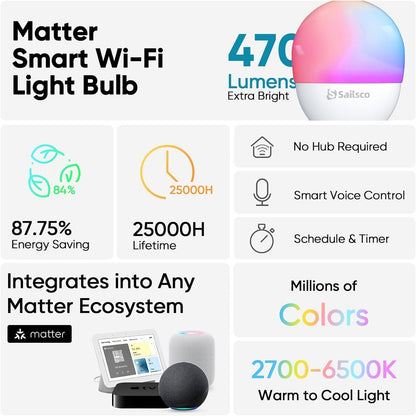 sailsco Matter Smart Bulb, E14 WiFi Smart LED Light Bulb Compatible with Alexa and Smart Life, Multi-Colour, RGB & 2700K-6500K, Dimmable, 4.9W Equivalent 40W, Voice Control, G45 470LM, Pack of 4