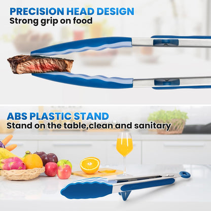 5-Pack Silicone Tongs for Cooking,Maywe Tanso 4PCS 13-Inch Cooking Kitchen Tongs with Silicone Tips,Nonstick Stainless Steel Tongs for Steak Pie Pizza Pasta Spaghetti Salad BBQ Buffet,Plus Brush