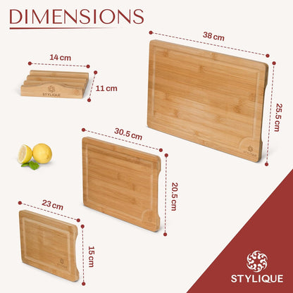 STYLIQUE Wooden Chopping Board Set of 3 with Cutting Board Organiser, Meal Prep Wooden Cutting Boards, Large Chopping Board and Serving Tray, Cheese Board, Kitchen Tools gadgets, Bamboo Chopping Board
