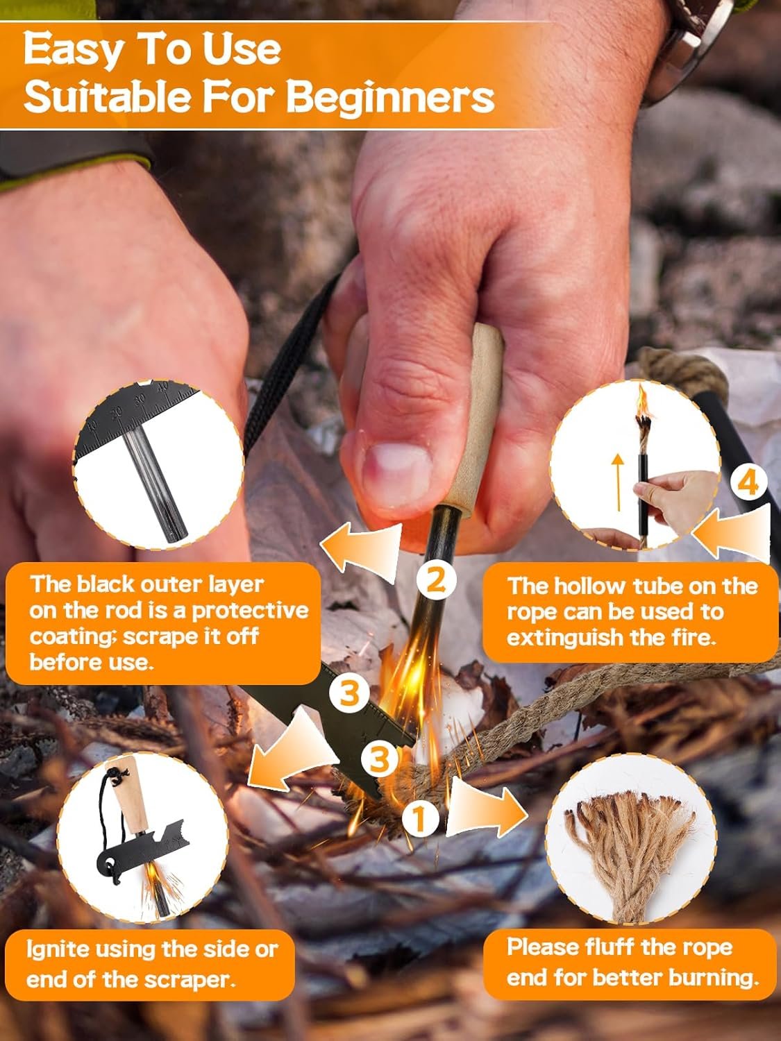 Fire Starter Survival Tool, Fire Starter Kit, Portable & Easy to Use, Fire Starters for Campfires Hiking Survival Training Gift (50 Fire Plugs Set/Wick Hemp Rope and Bag Set)