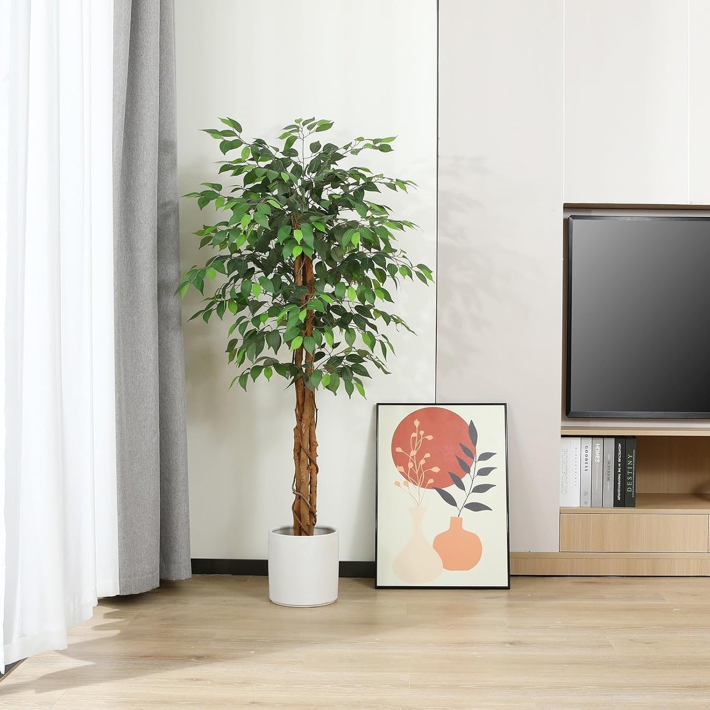 OAKRED 5FT Silk Artificial Ficus Tree with Realistic Leaves and Natural Trunk Fake Plants Tall Fake Trees Faux Ficus Tree for Office House Living Room Home Decor Indoor Outdoor,Set of 1