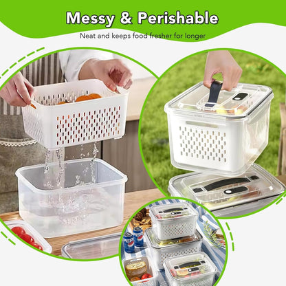 5 PCS Fruit Storage Containers for Fridge, 5 Sizes (13oz-140oz) Leakproof & Airtight with Silicone Seal, Draining Colander, Food Grade BPA-Free, Keep Fruits Vegetables Fresh for Camping, Kitchen