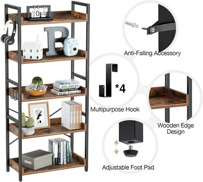 Rolanstar Bookshelf, 5 Tier Bookcase, Industrial Storage Rack with Metal Frame, Free Standing Utility Organizer Shelf Unit for Open Storage, Display and Book Organization in Living Room, Rustic Brown