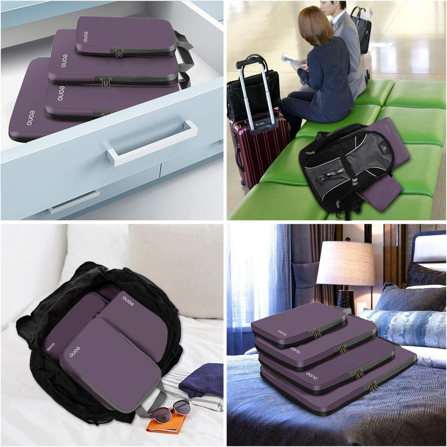 Amazon Brand - Eono 3/4/6 Set Compression Packing Cubes, Travel Luggage Organiser Set, Travel Cubes, Extensible Organizer Bags for Travel Suitcase Organization, Set of 3, Grey, M