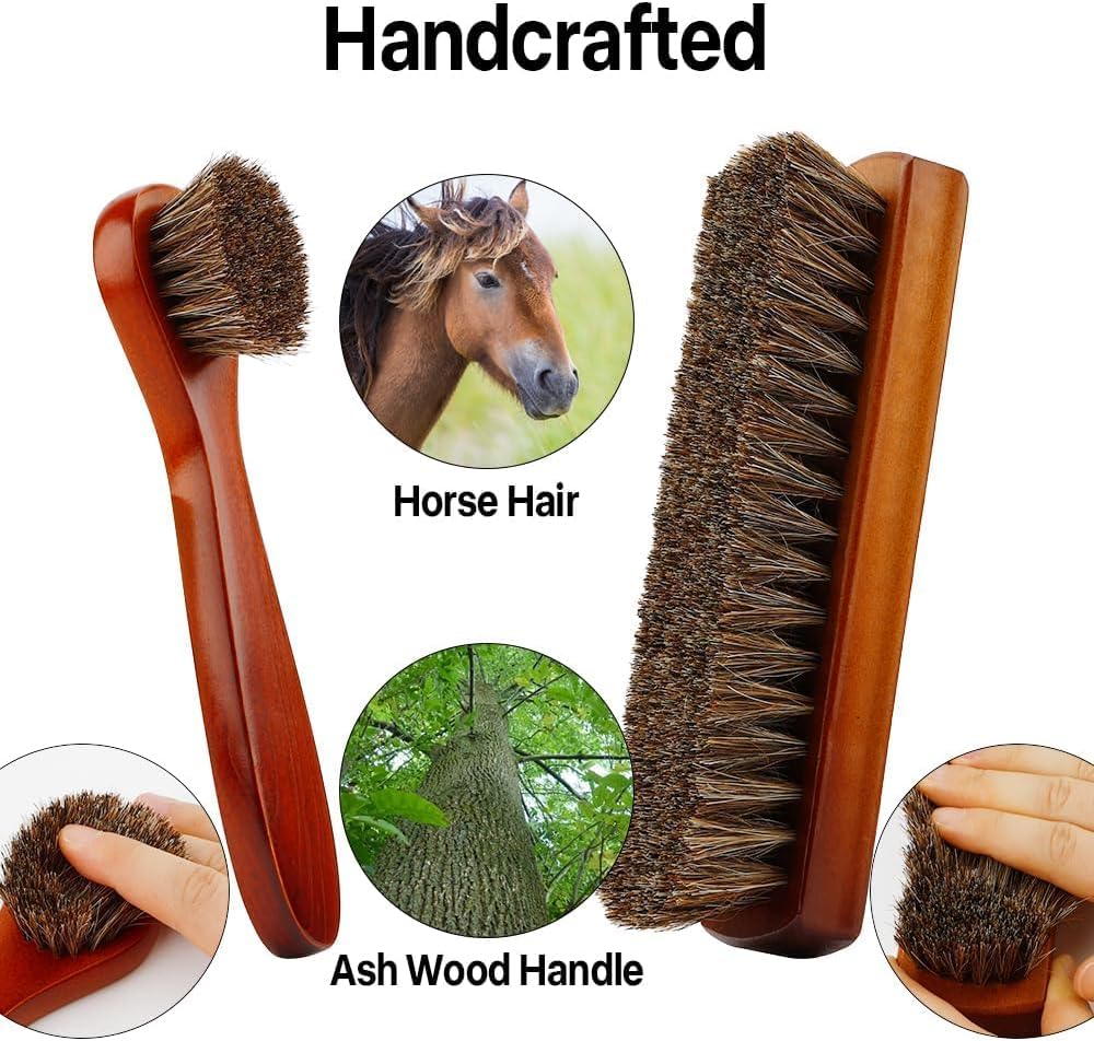 rugwioyu Horse Hair Brush for Leather - 3 Pieces Shoe Cleaning Tool - Soft Bristles, Anti-Static, Strong Water Absorption - Large & Long Handle Brushes - Brown