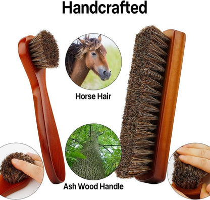 rugwioyu Horse Hair Brush for Leather - 3 Pieces Shoe Cleaning Tool - Soft Bristles, Anti-Static, Strong Water Absorption - Large & Long Handle Brushes - Brown
