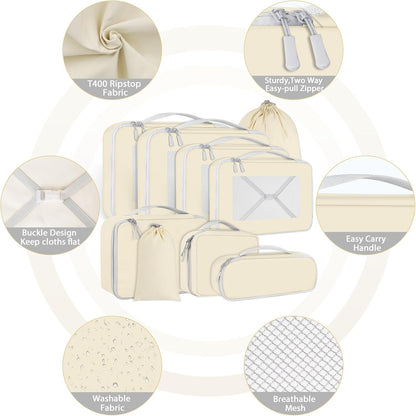 Avmvnvc 9-Piece Suitcase Organiser Set, 9 in 1 Travel Organizer, Space-Saving Suitcase, Travel Cube System for Clothes, Shoes, Cosmetics, Beige