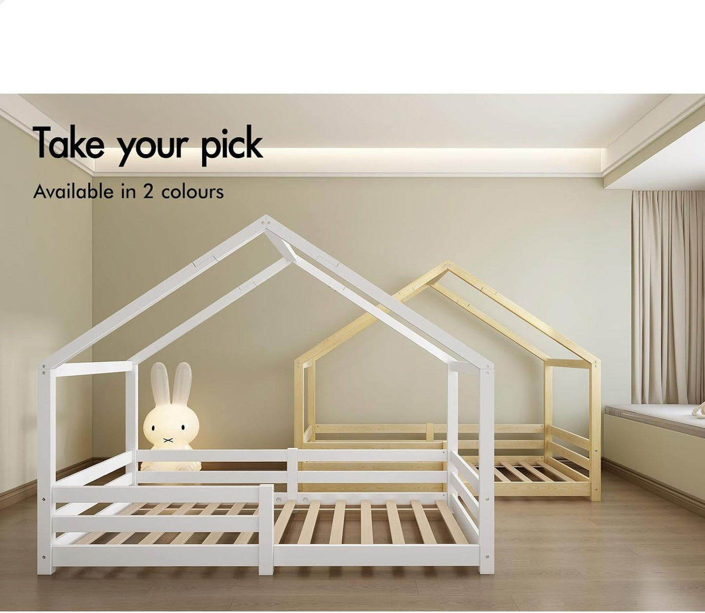 ALFORDSON Kids Bed Frame Wooden Timber House Frame Single Size Mattress Base Platform, Pine Wood Bed Base Foundation Children's Beds, Nellie Series Bedroom Furniture in White Colour