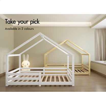 ALFORDSON Kids Bed Frame Wooden Timber House Frame Single Size Mattress Base Platform, Pine Wood Bed Base Foundation Children's Beds, Nellie Series Bedroom Furniture in White Colour