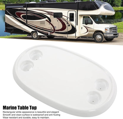 Removable Rectangular Marine RV Table, 680x410mm Oval Table Top Boat Dining Table with 4 Cup Holders Removable Office Desk Rectangle White Humanized for Camper RV Yacht