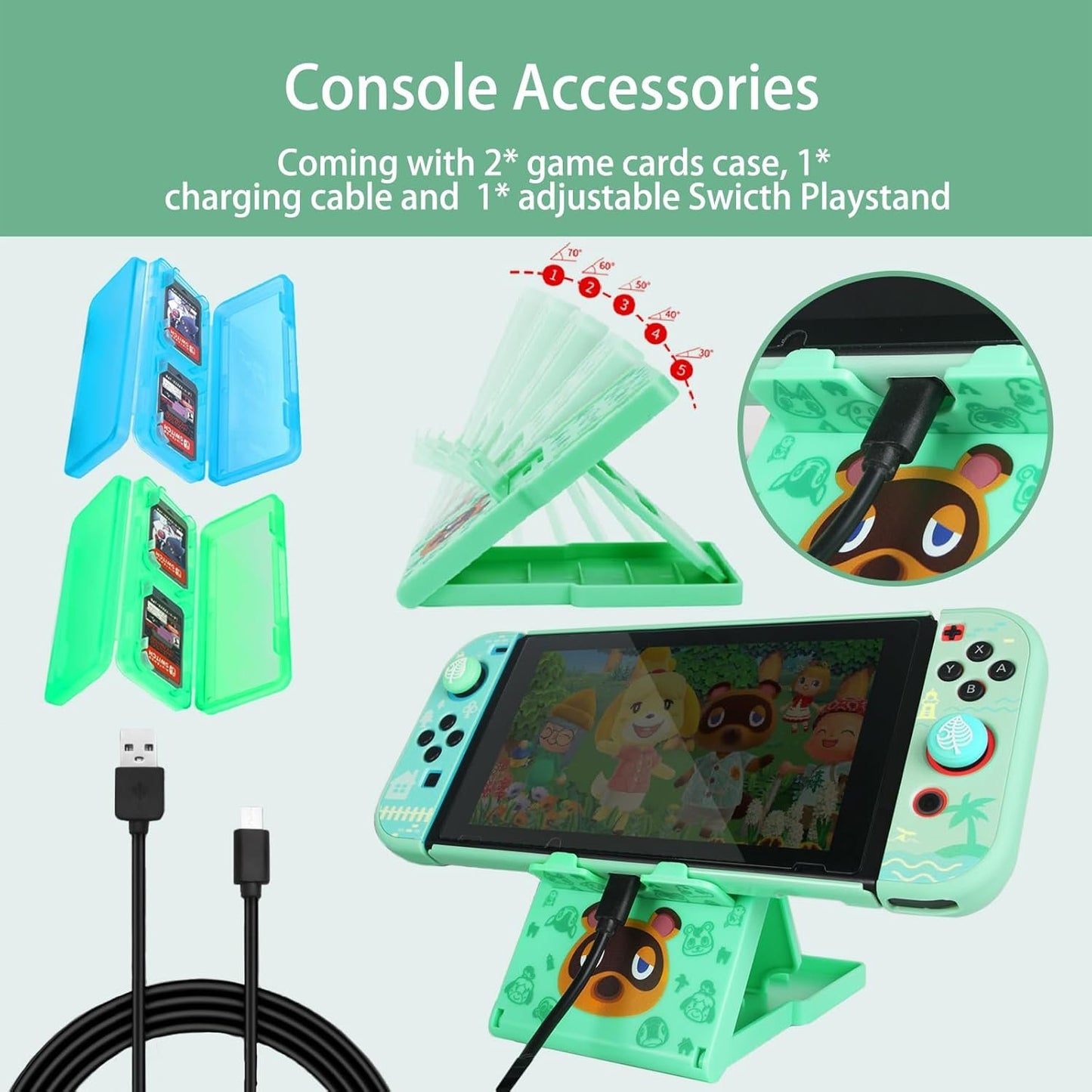 TIKOdirect Carrying Case for Nintendo Switch, Cute Portable Travel Bag Accessories with Protective Case, Screen Protectors, Stand, Game Card Case and Thumb Grip caps[Keychain Gift], Green AC