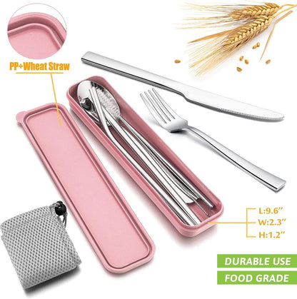 HaWare 9-Piece Portable Travel Silverware Utensils with Case, Stainless Steel Flatware Set for Camping Office School Lunch, Reusable Cutlery Including Knife Fork Spoon, Dishwasher Safe(Pink)