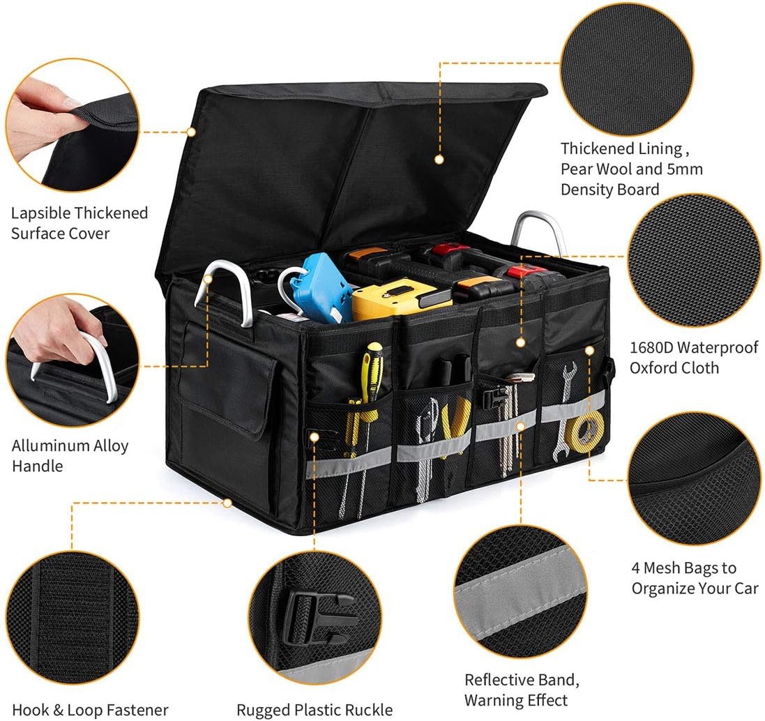 i BKGOO Car Trunk Organizer,Heavy Duty Collapsible Car Cube Storage Boxes with Lid,Foldable Cover,Car Cargo Trunk Storage Organizer Black